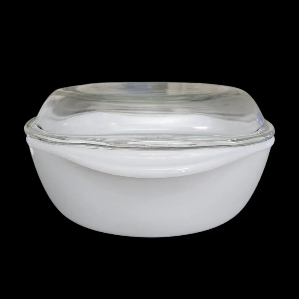 Vintage Pry-O-Rey White Milk Glass Covered Casserole Dish Brown Floral